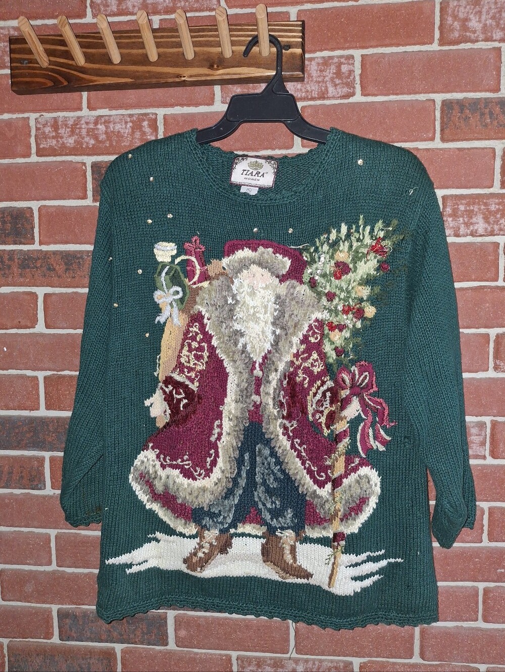 Tiara Green Crewneck Sweater with Embroidered Santa and Holiday Motifs